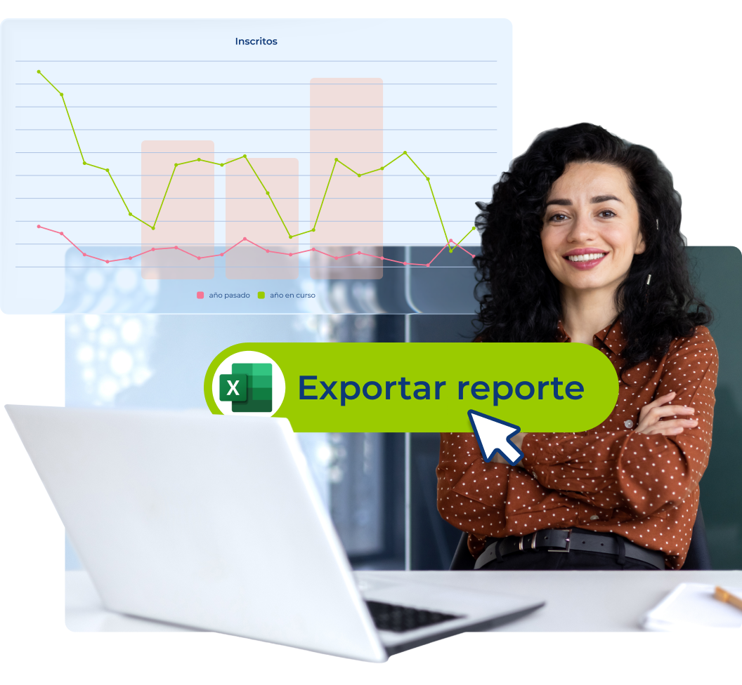 mujer morena de pelo rizado con los brazos cruzados y expresión de satisfacción, de fondo gráficos de barras y el icono de excel