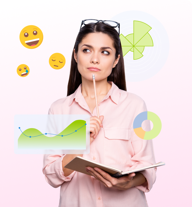 chica joven con las gafas encima de su cabeza y expresión pensativa con un lápiz y libreta en la mano y alrededor emoticonos y gráficos de colores