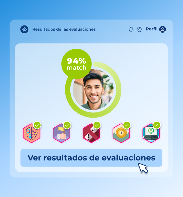 ventana emergente de software sobre fondo azul con resultados de evaluaciones de un candidato, aparece la foto del candidato en el centro con un porcentaje de adecuación y debajo iconos representativos de juegos y tests
