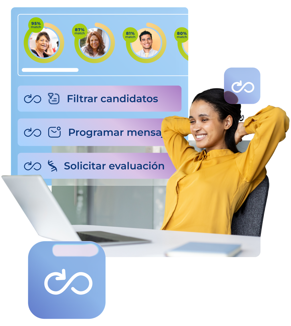 mujer feliz con las manos detrás de la cabeza y portátil enfrente, en el fondo ventanas emergentes de funcionalidades como filtrado o programación