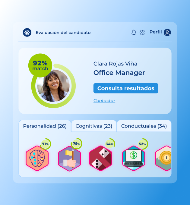 ventana emergente de software sobre fondo azul donde se ve el perfil de resultados de una candidata