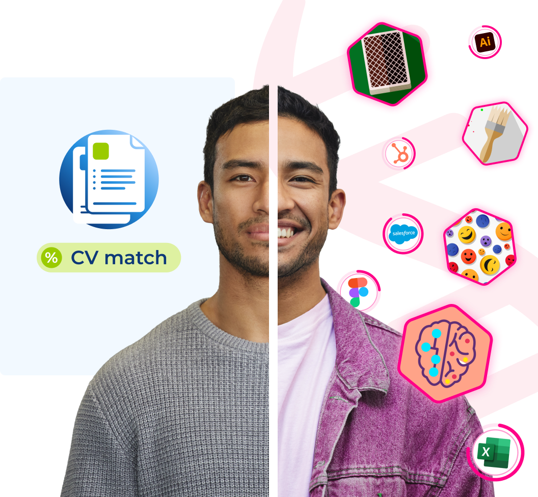 chico joven moreno mira a cámara y su imagen está dividida en dos partes la de la izquierda es seria y con un icono de CV match y la de la derecha es sonriente con ropa más informal e iconos de distintas habilidades alrededor
