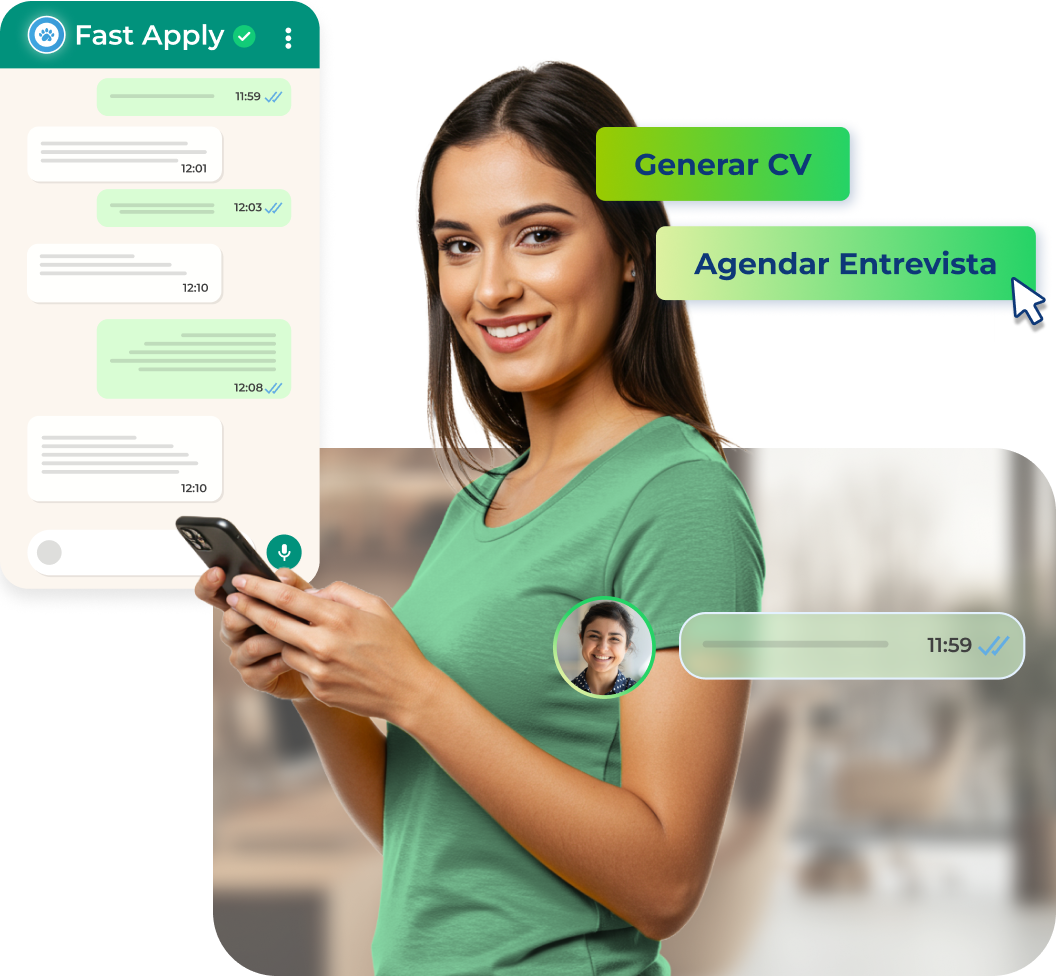 mujer joven con pelo largo castaño y camiseta verde, sujeta un móvil entre sus manos, alrededor hay un mockup ficticio de un chat por whatsapp y botones