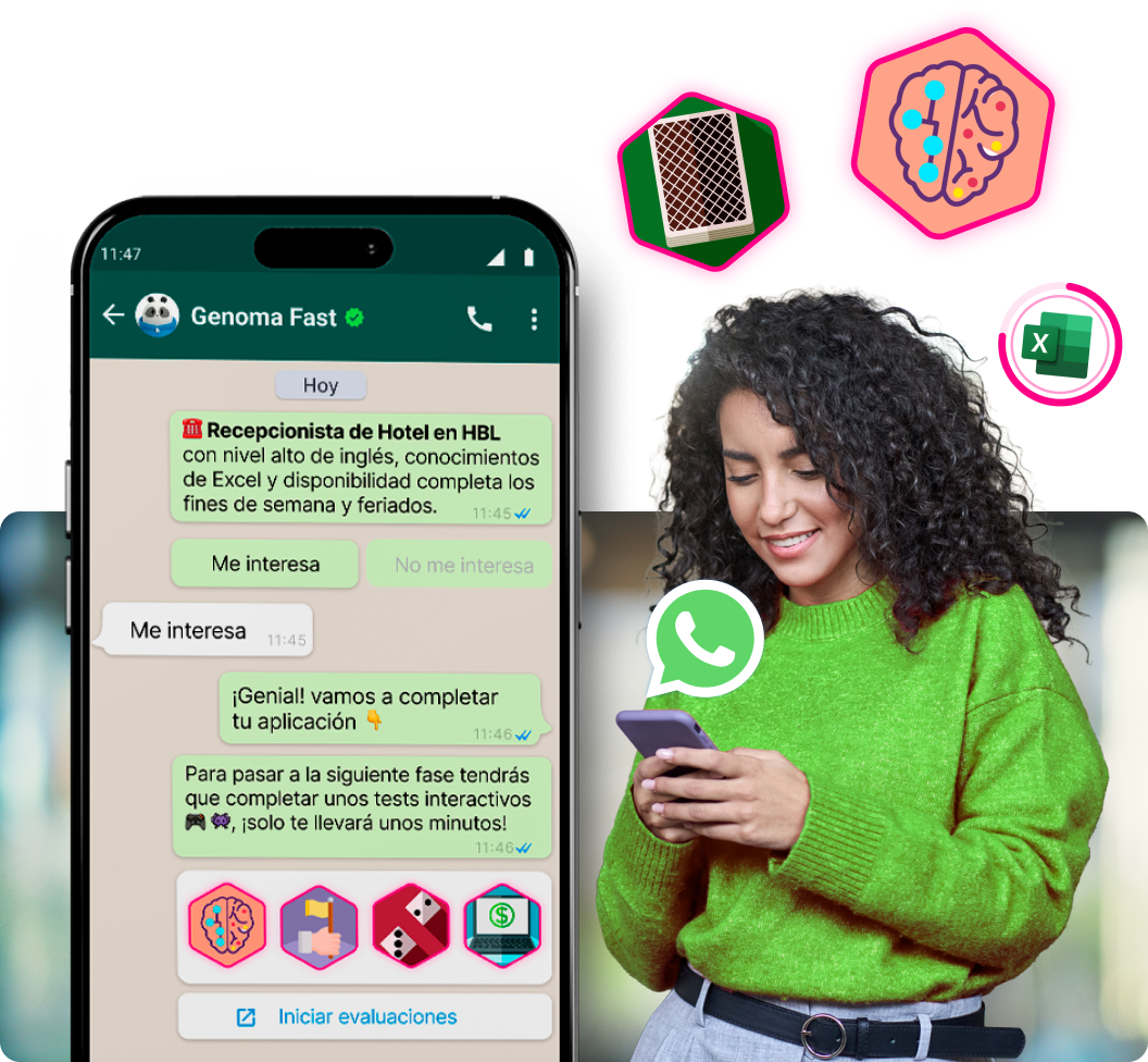 mujer morena de pelo largo rizado con jersey verde sujeta un móvil de donde sale el logo de whatsapp, detrás hay iconos de juegos de genoma y el mockup de un chat para aplicar a una vacante