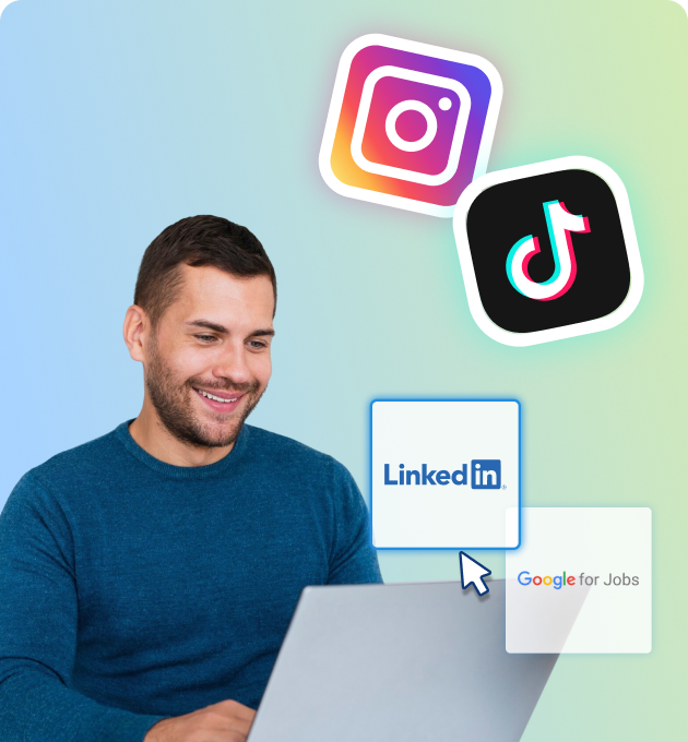 chico joven con jersey azul mirando su portátil mientras aparecen los logotipos de Instagram y TikTok